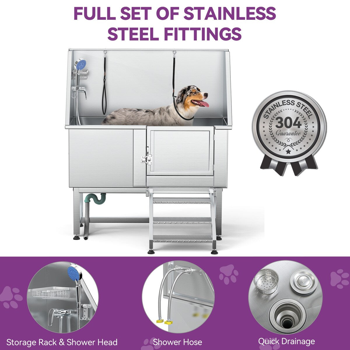 Vasca per la toelettatura di animali domestici regolabile in acciaio inossidabile da 50'' di larghezza con scaletta e rampa.
