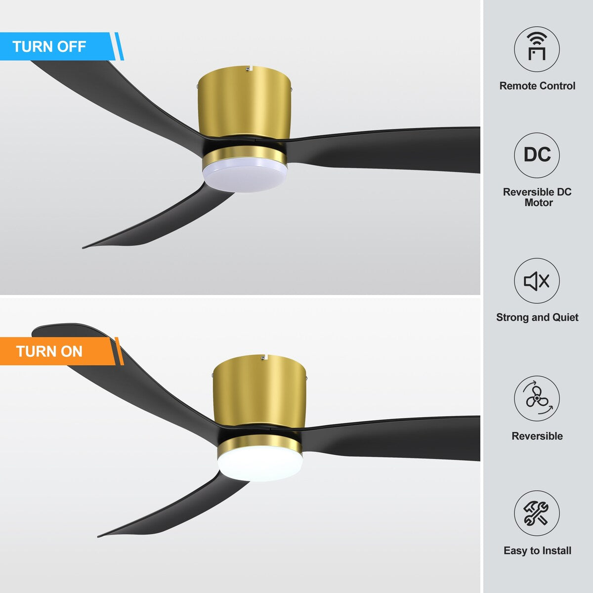 Ventilatore da soffitto a LED a soffitto a scomparsa da 52 pollici, nero/bianco, con luci e telecomando (3 pale)