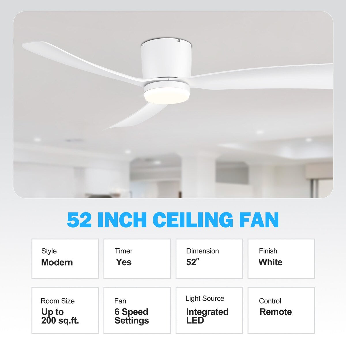 Ventilatore da soffitto a LED a soffitto a scomparsa da 52 pollici, nero/bianco, con luci e telecomando (3 pale)