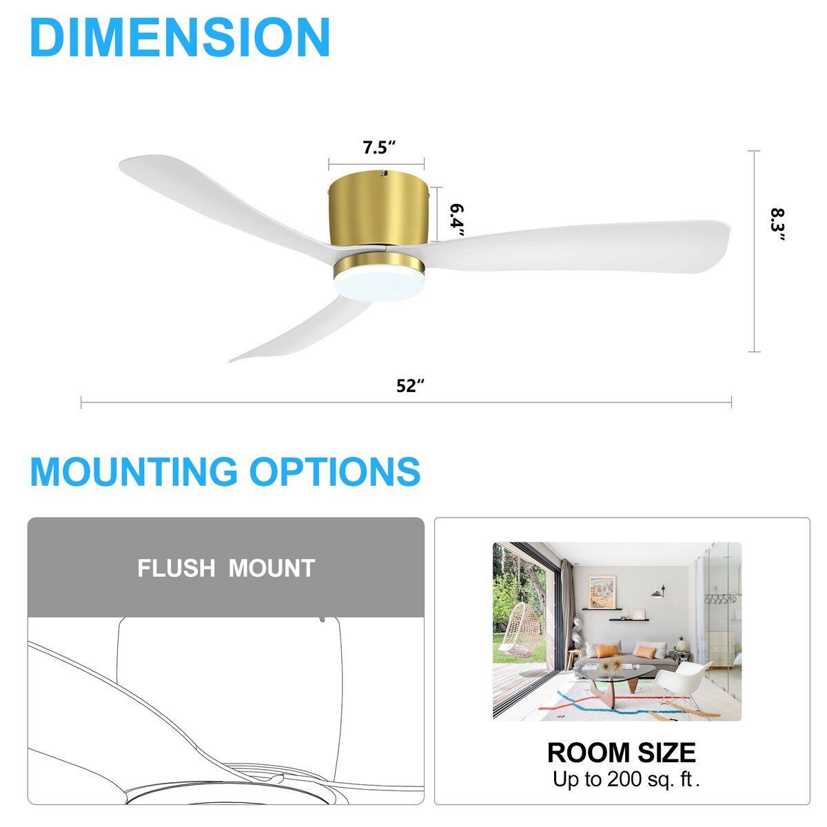 Ventilatore da soffitto a LED a soffitto a scomparsa da 52 pollici, nero/bianco, con luci e telecomando (3 pale)