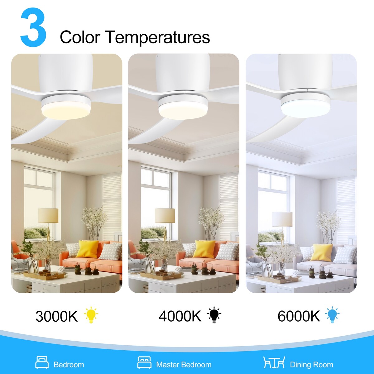 Ventilatore da soffitto a LED a soffitto a scomparsa da 52 pollici, nero/bianco, con luci e telecomando (3 pale)