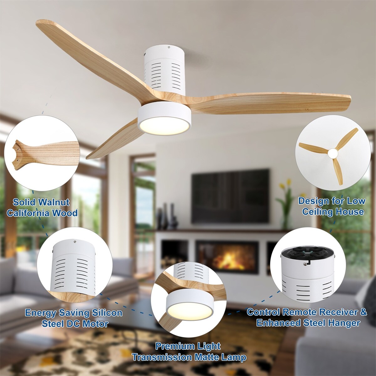 Ventilatore da soffitto a soffitto a scomparsa da 52 pollici in stile farmhouse con luce e telecomando, motore DC reversibile.