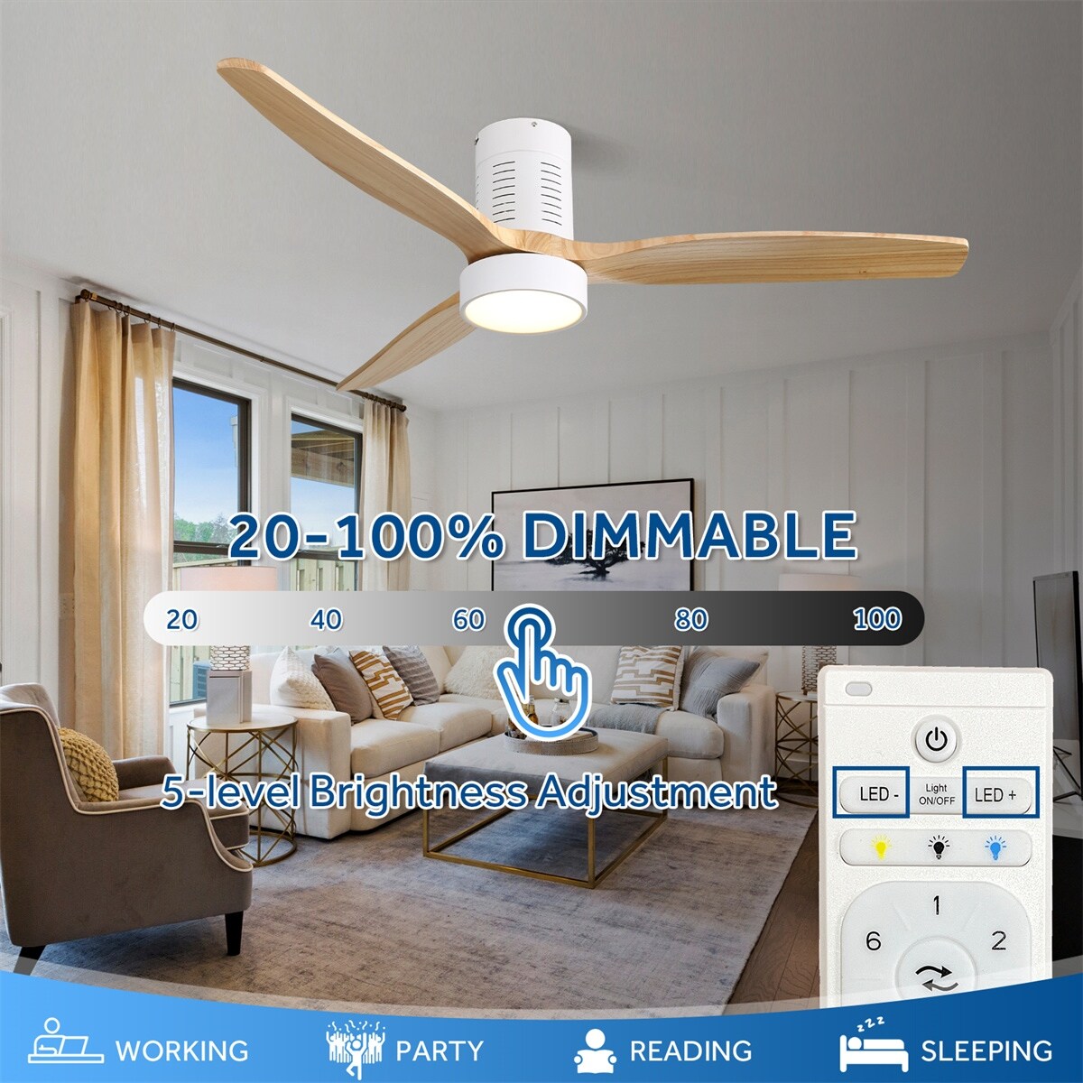 Ventilatore da soffitto a soffitto a scomparsa da 52 pollici in stile farmhouse con luce e telecomando, motore DC reversibile.