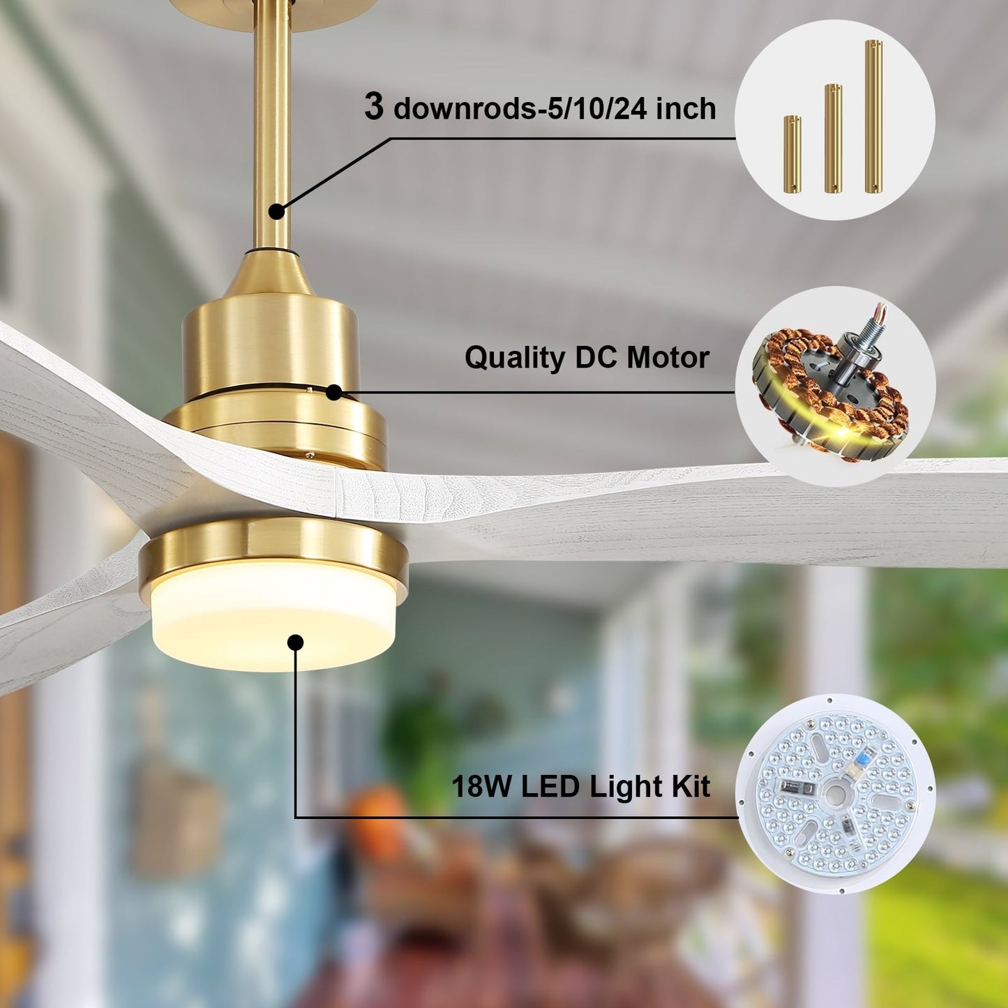 Sofucor Ventilatore da soffitto interno in legno da 52 pollici con luce e telecomando, luce integrata opzionale