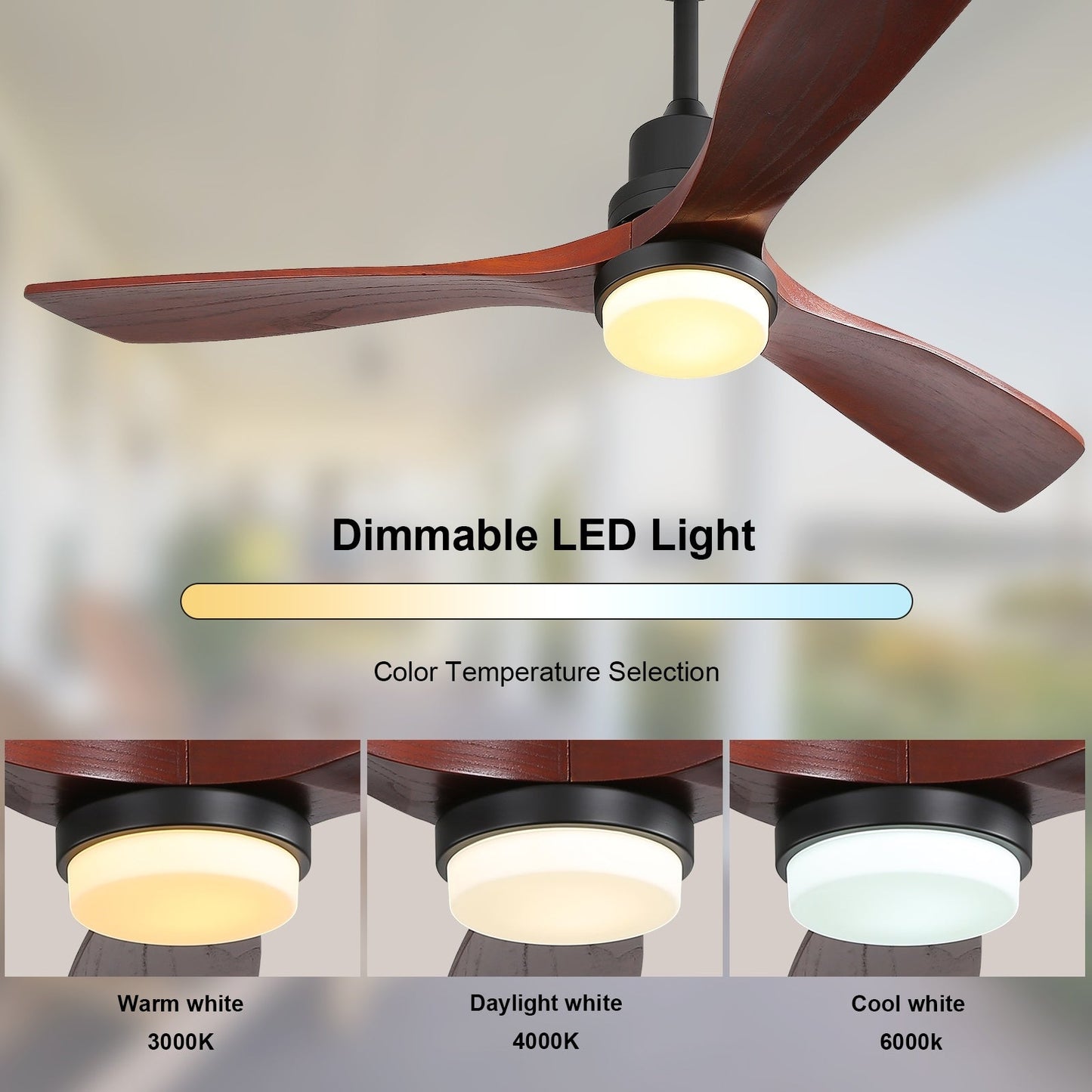 Sofucor Ventilatore da soffitto interno in legno da 52 pollici con luce e telecomando, luce integrata opzionale
