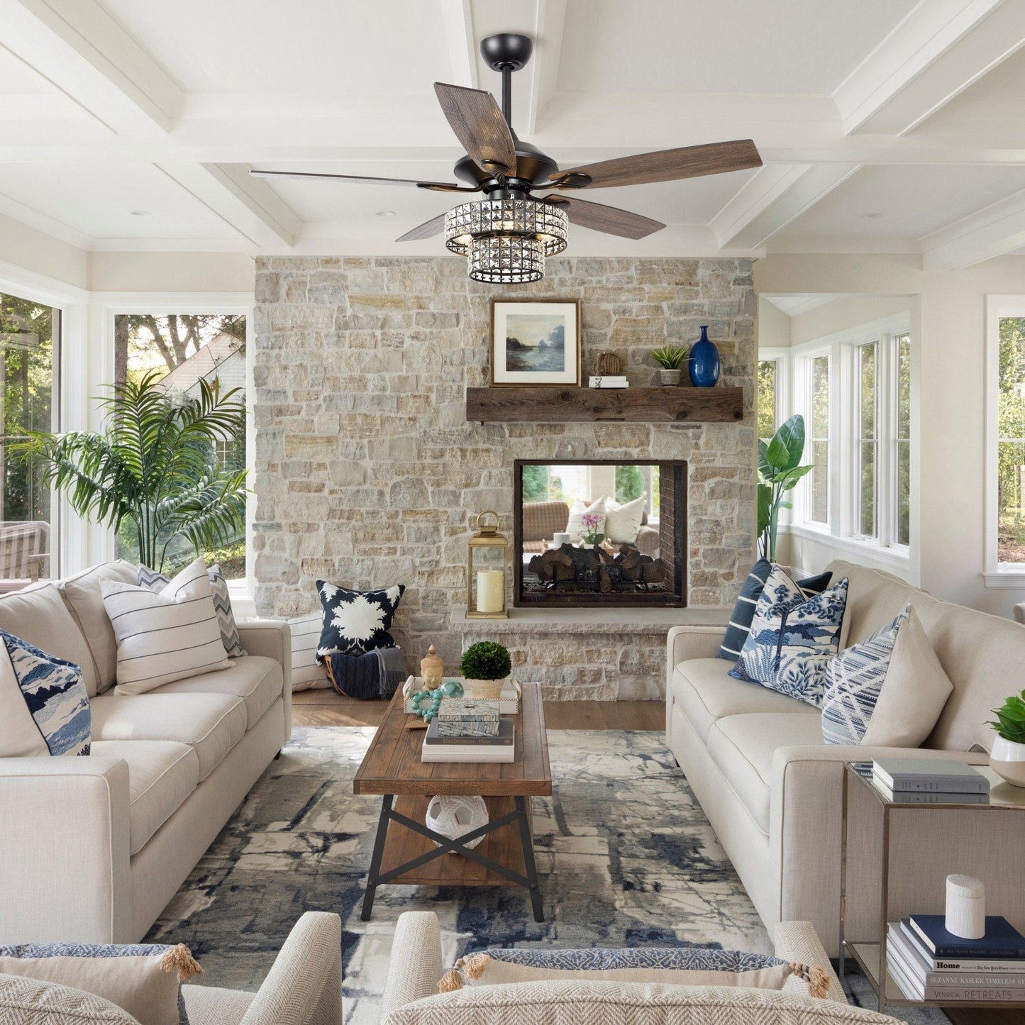 Ventilatore da soffitto moderno da 52 pollici con 5 pale in legno cromato e cristallo, con telecomando.