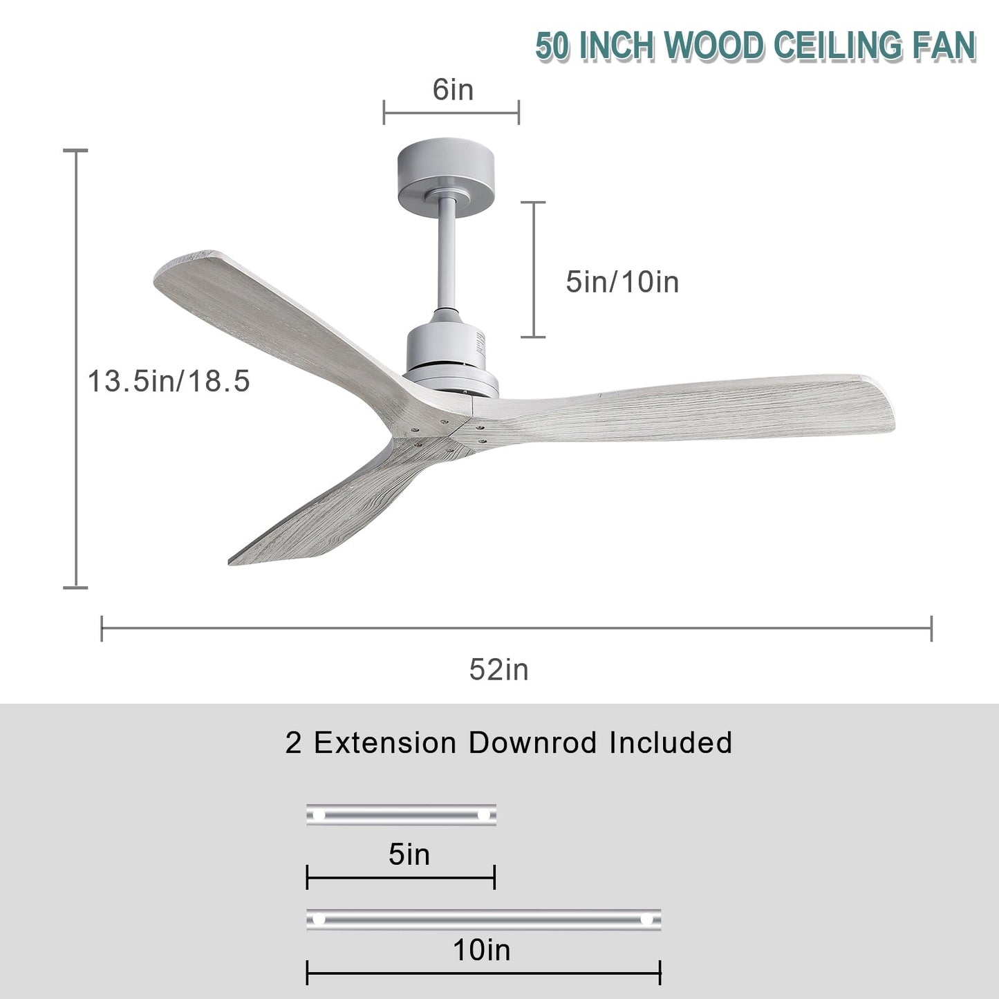 Ventilatore da soffitto moderno da 52 pollici in legno massello/ABS con telecomando (senza luce), 6 velocità, flusso d'aria reversibile.