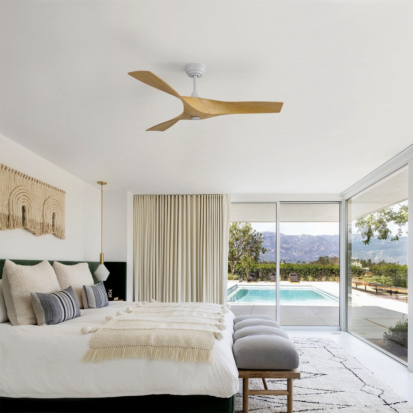 Ventilatore da soffitto moderno da 52 pollici in legno massello/ABS con telecomando (senza luce), 6 velocità, flusso d'aria reversibile.