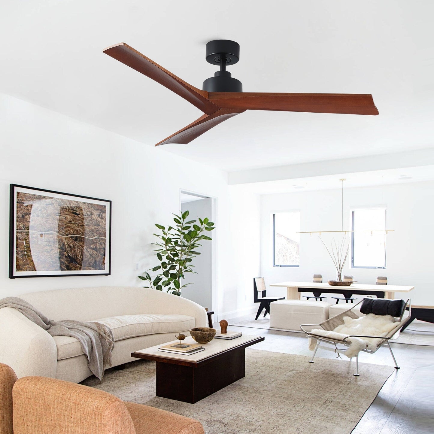 Ventilatore da soffitto moderno da 52 pollici in legno massello/ABS con telecomando (senza luce), 6 velocità, flusso d'aria reversibile.