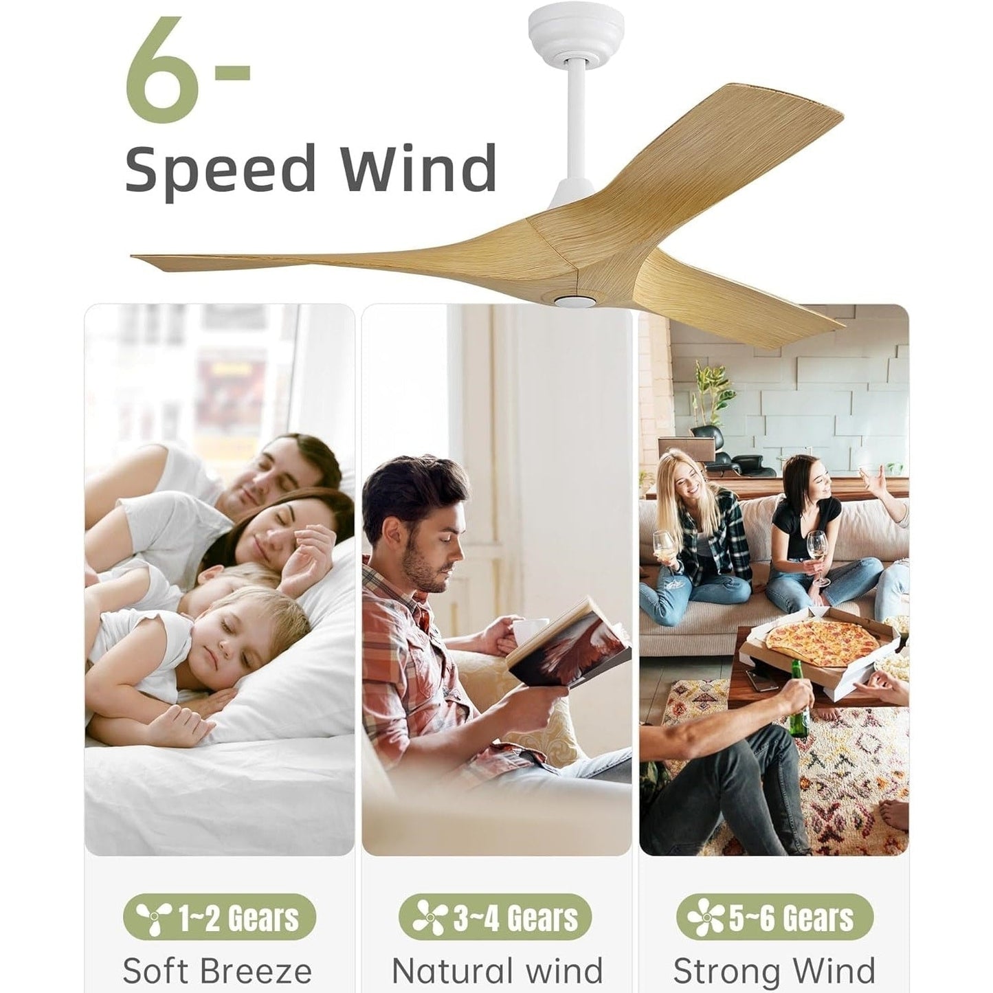 Ventilatore da soffitto moderno da 52 pollici in legno massello/ABS con telecomando (senza luce), 6 velocità, flusso d'aria reversibile.