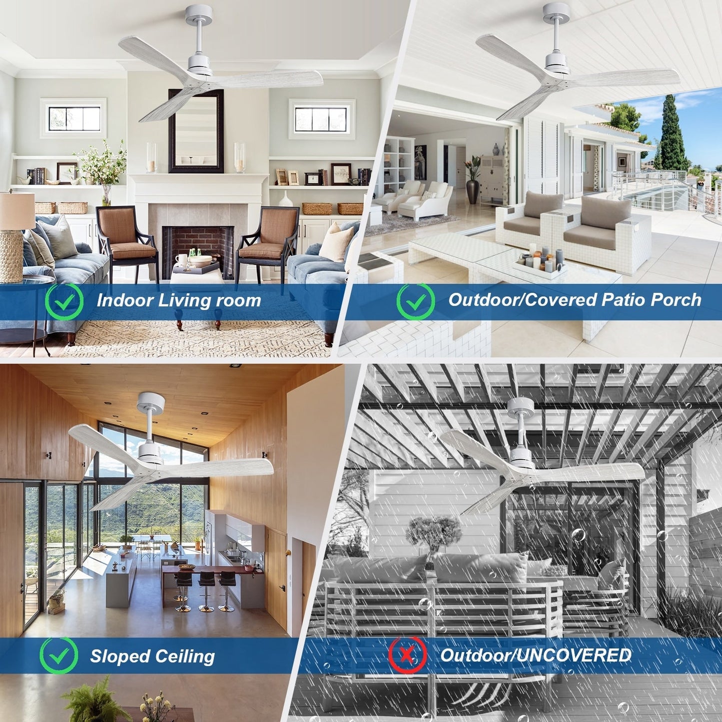 Ventilatore da soffitto moderno da 52 pollici in legno massello/ABS con telecomando (senza luce), 6 velocità, flusso d'aria reversibile.