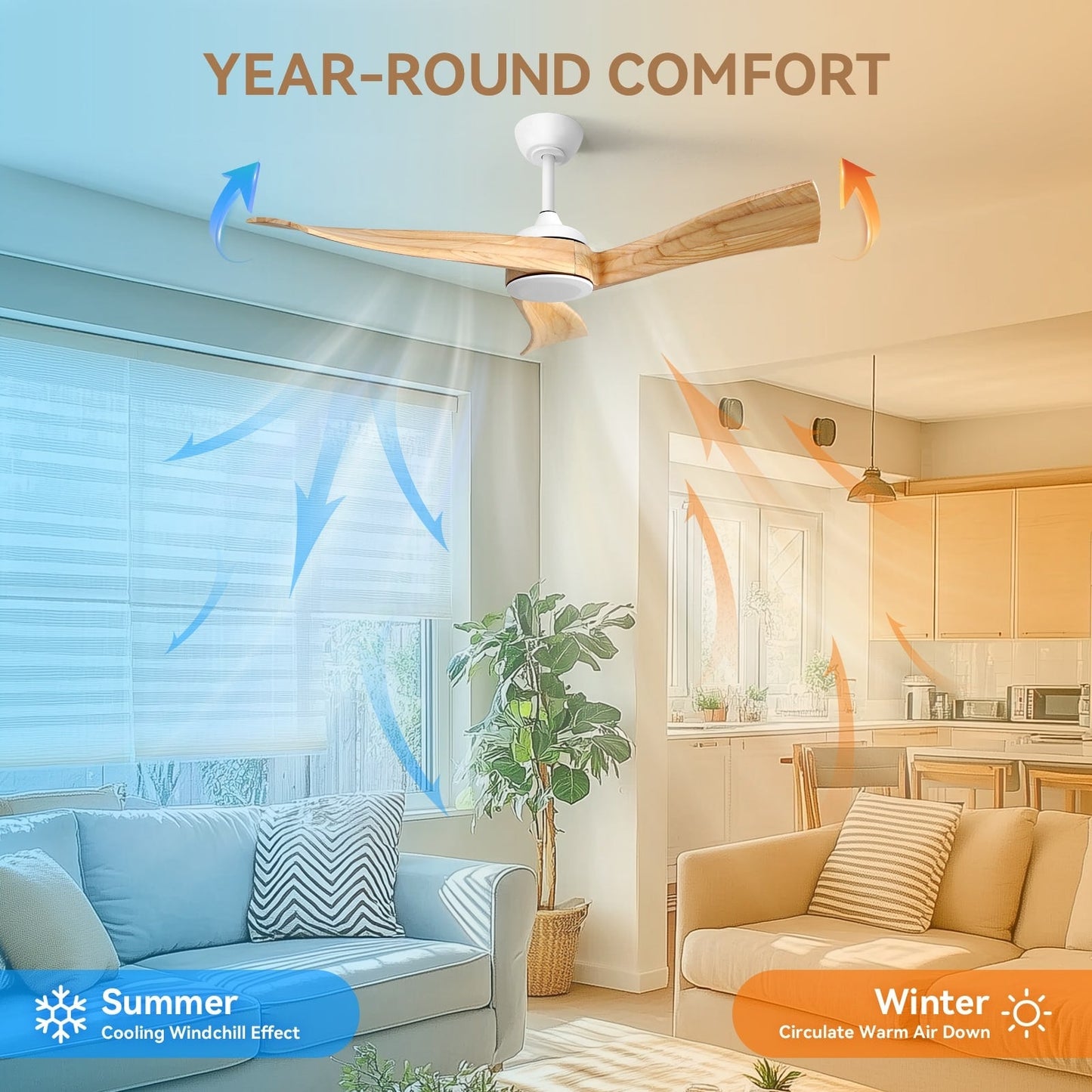 Ventilatore da soffitto moderno da 52 pollici in legno massello/ABS con telecomando (senza luce), 6 velocità, flusso d'aria reversibile.