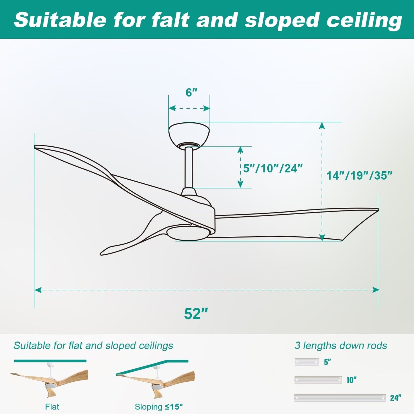Ventilatore da soffitto moderno da 52 pollici in legno massello/ABS con telecomando (senza luce), 6 velocità, flusso d'aria reversibile.