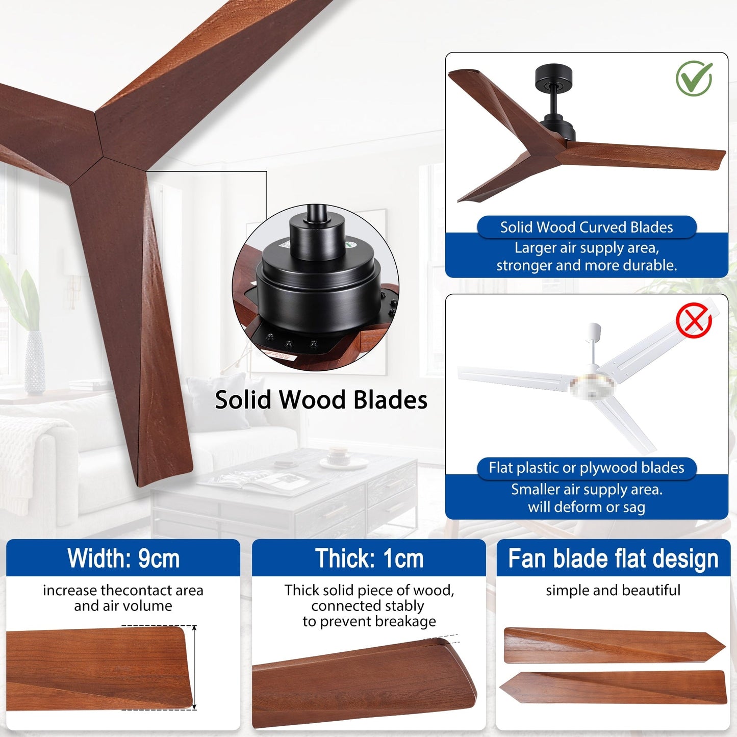 Ventilatore da soffitto moderno da 52 pollici in legno massello/ABS con telecomando (senza luce), 6 velocità, flusso d'aria reversibile.