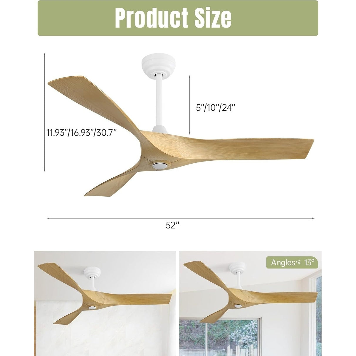 Ventilatore da soffitto moderno da 52 pollici in legno massello/ABS con telecomando (senza luce), 6 velocità, flusso d'aria reversibile.
