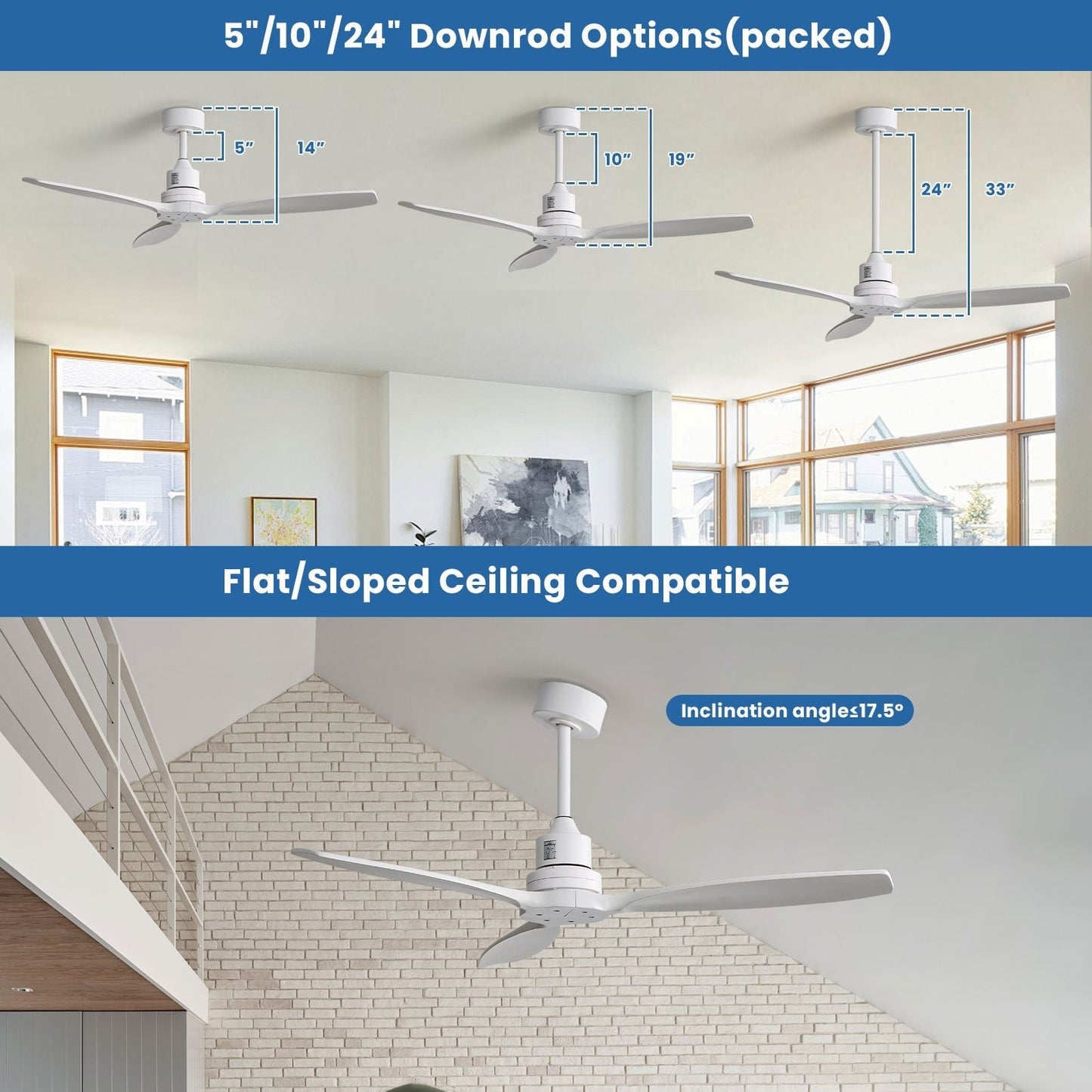 Ventilatore da soffitto moderno da 52 pollici in legno massello/ABS con telecomando (senza luce), 6 velocità, flusso d'aria reversibile.