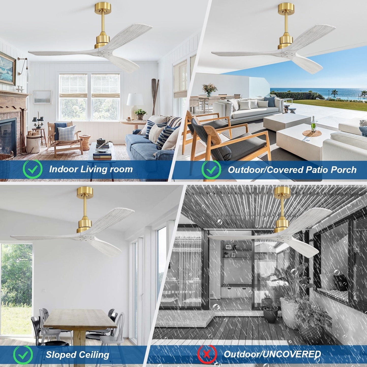 Ventilatore da soffitto moderno da 52 pollici in legno massello/ABS con telecomando (senza luce), 6 velocità, flusso d'aria reversibile.