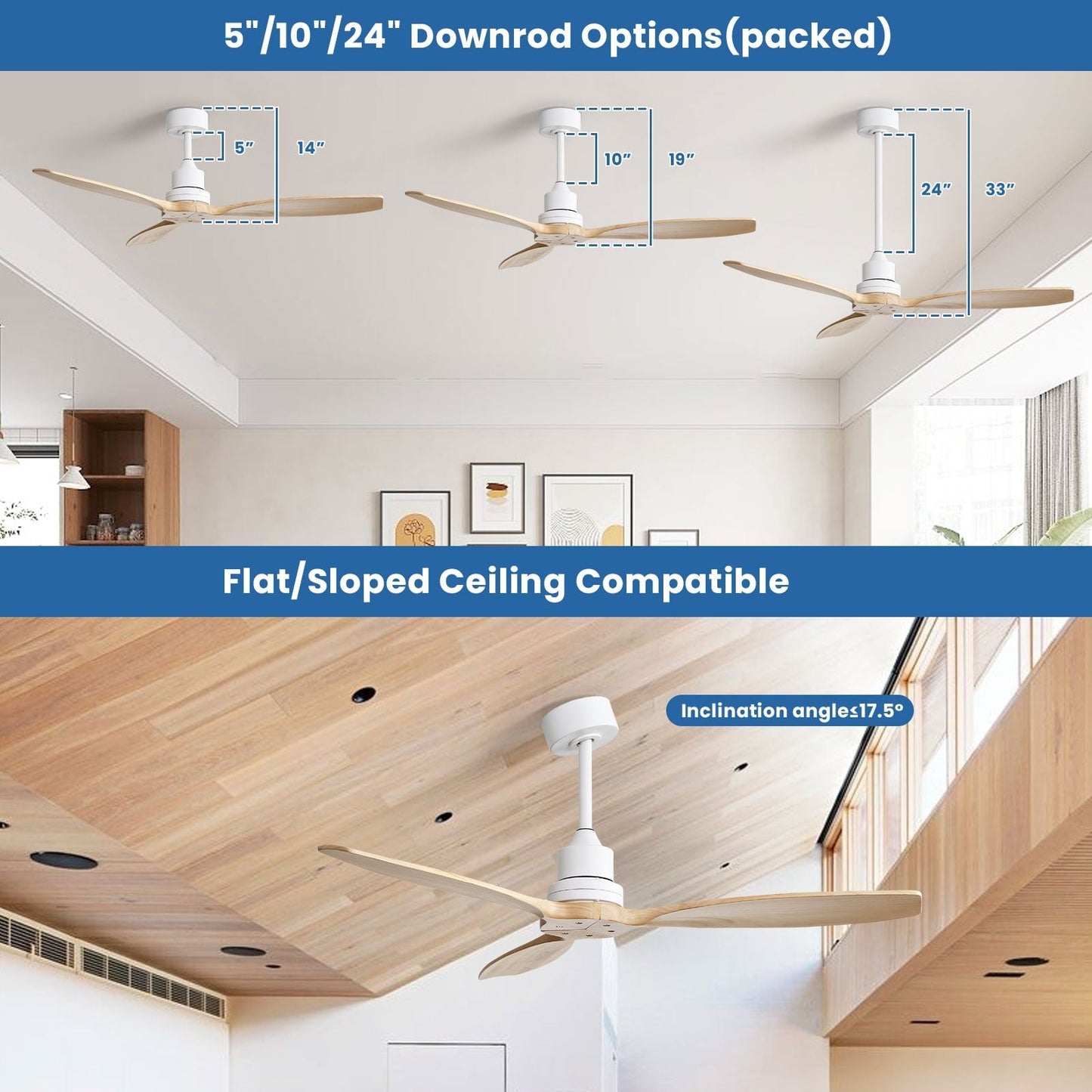 Ventilatore da soffitto moderno da 52 pollici in legno massello/ABS con telecomando (senza luce), 6 velocità, flusso d'aria reversibile.