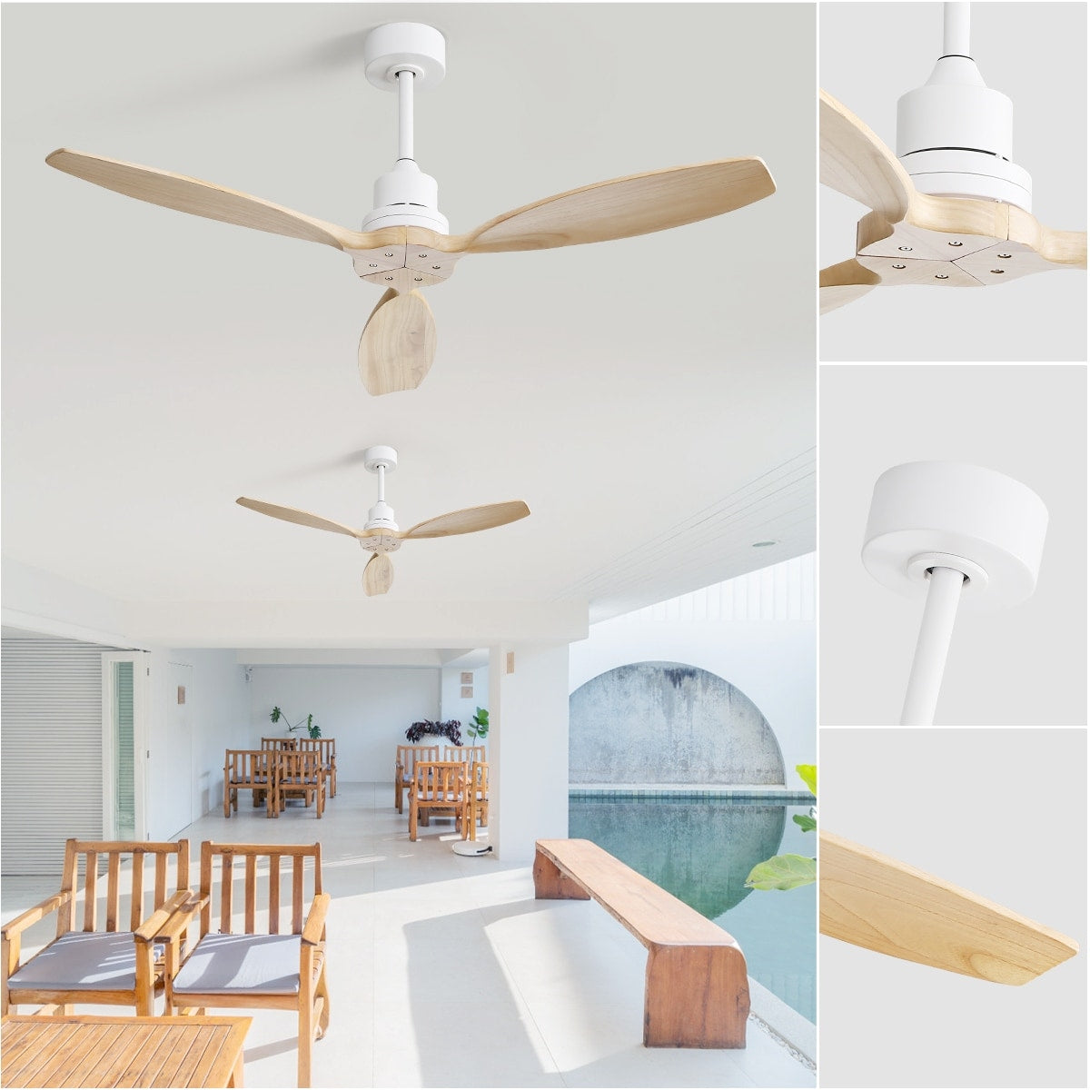 Ventilatore da soffitto moderno da 52 pollici in legno massello/ABS con telecomando (senza luce), 6 velocità, flusso d'aria reversibile.