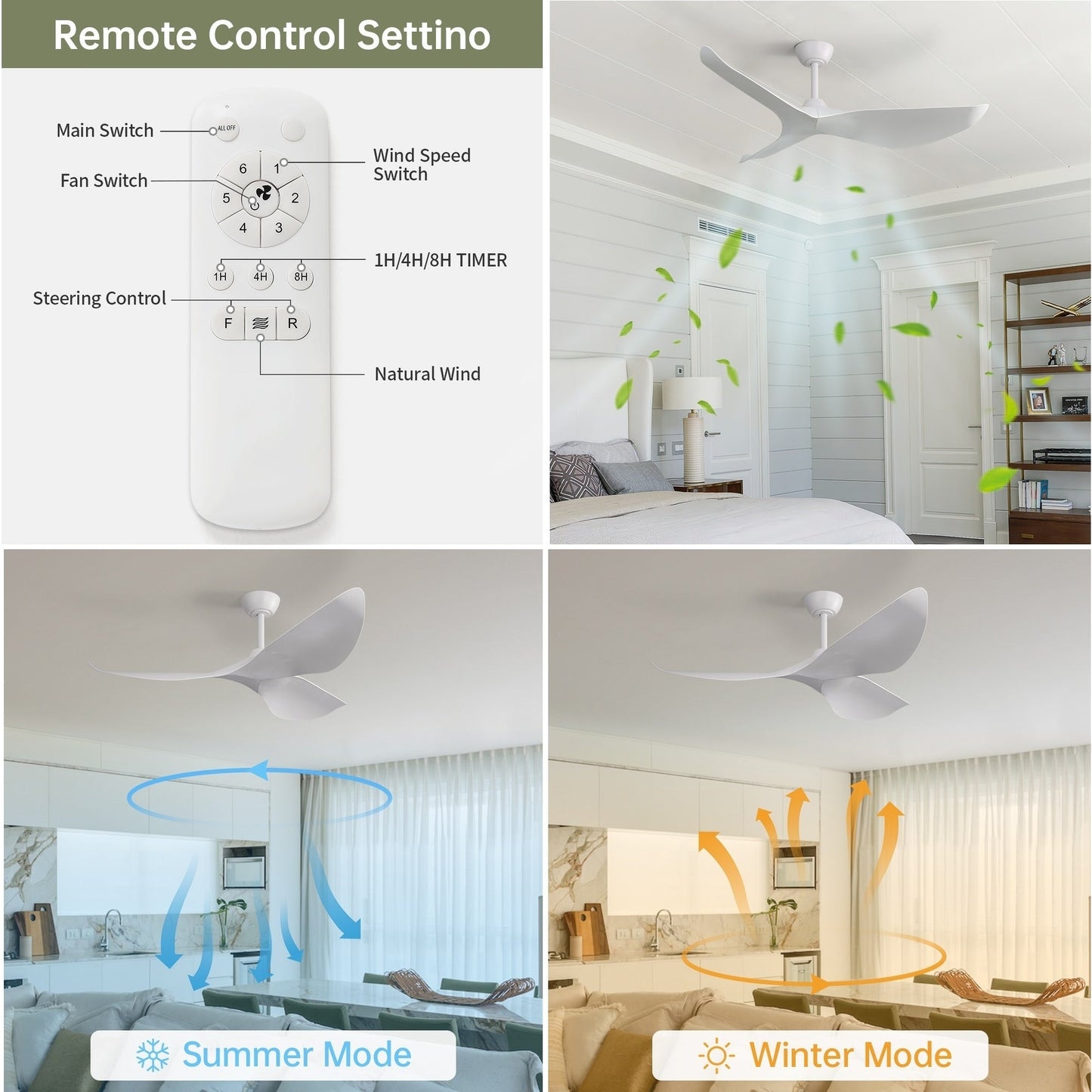 Ventilatore da soffitto moderno da 52 pollici in legno massello/ABS con telecomando (senza luce), 6 velocità, flusso d'aria reversibile.