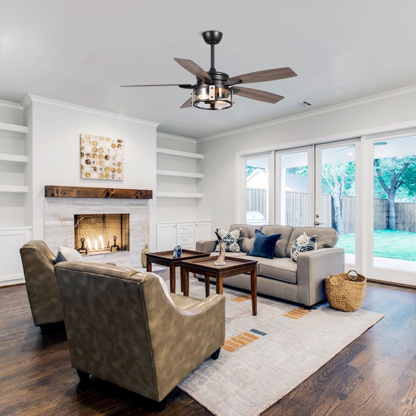 Ventilatore da soffitto da interno a 5 pale in legno nero rustico da 52 pollici con telecomando