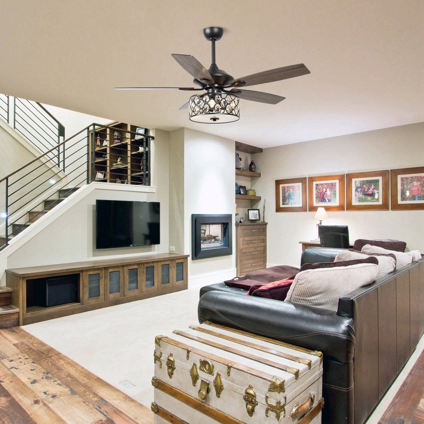 Luce di soffitto a soffione con telecomando, 52 pollici, 4 luci, stile moderno, con cristalli.