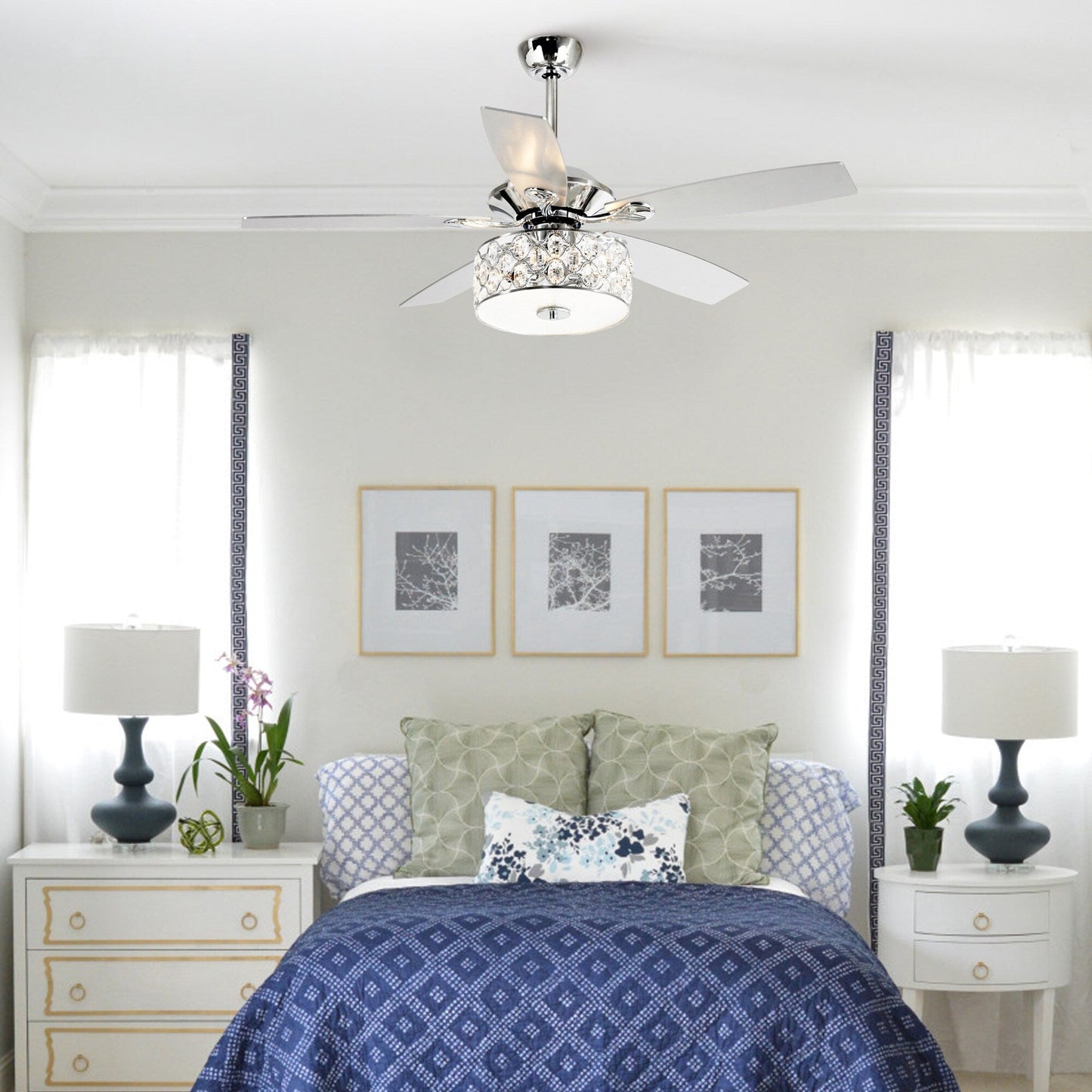 Luce di soffitto a soffione con telecomando, 52 pollici, 4 luci, stile moderno, con cristalli.