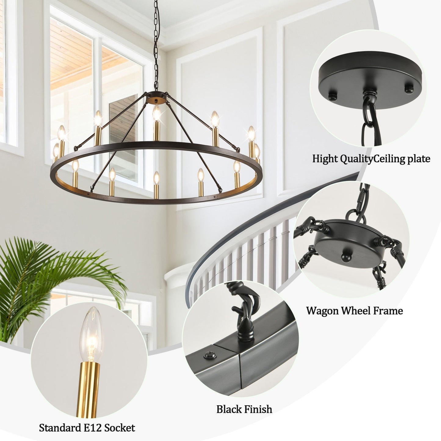 Lampadario a ruota di carro rotonda da 54 pollici con 24 luci