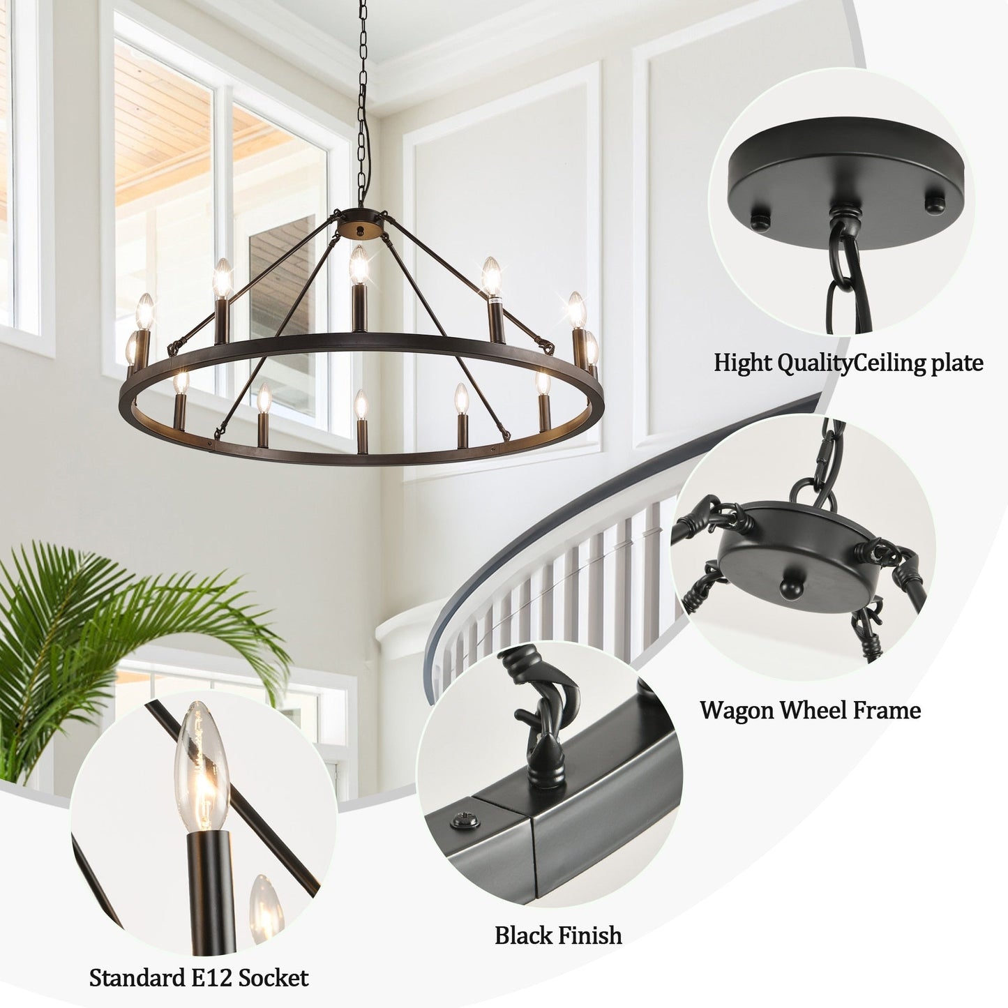 Lampadario a ruota di carro rotonda da 54 pollici con 24 luci