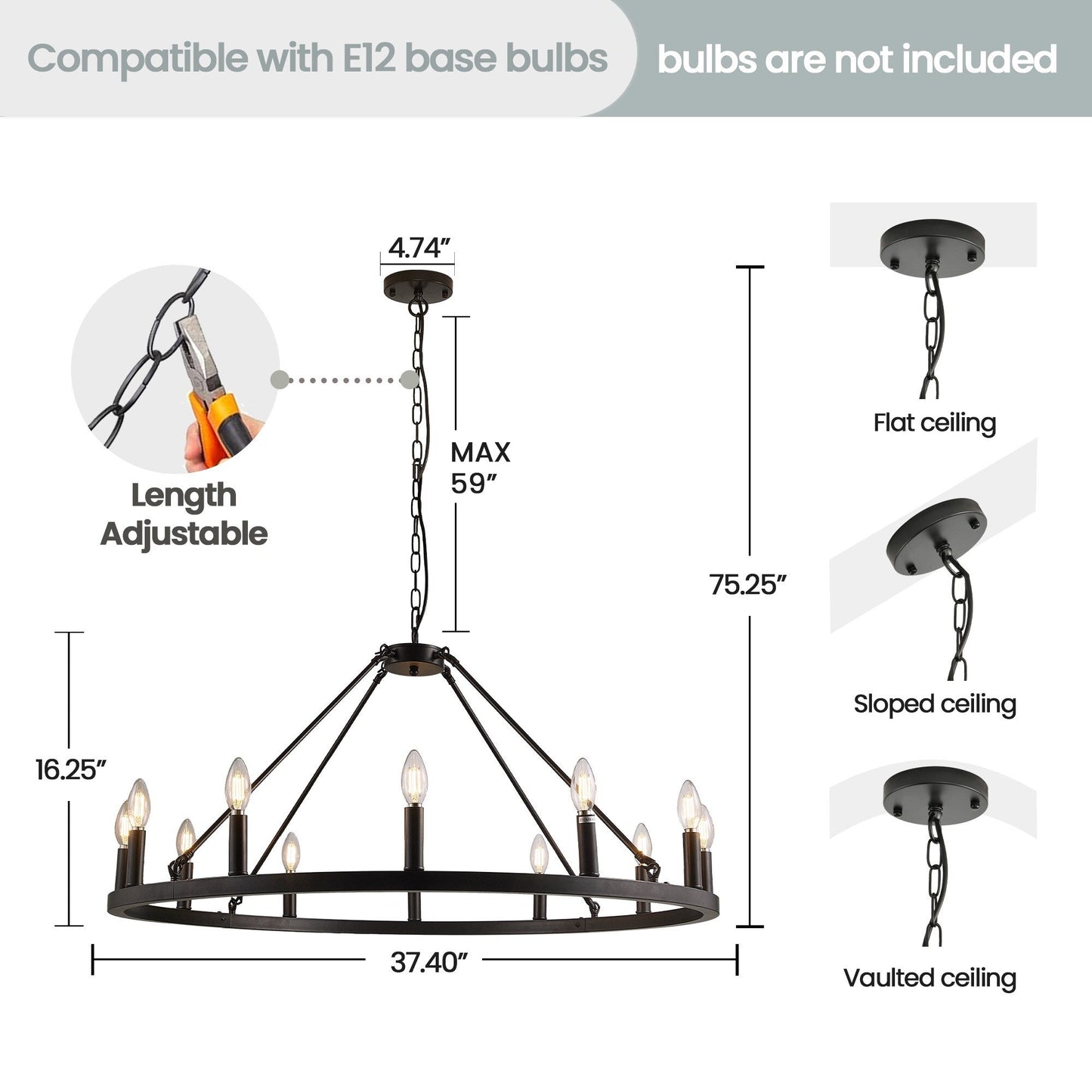 Lampadario a ruota di carro rotonda da 54 pollici con 24 luci