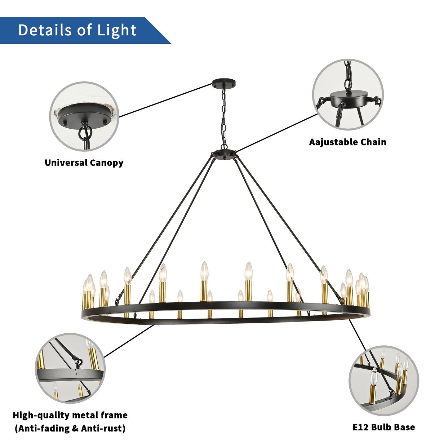 Lampadario a ruota di carro rotonda da 54 pollici con 24 luci