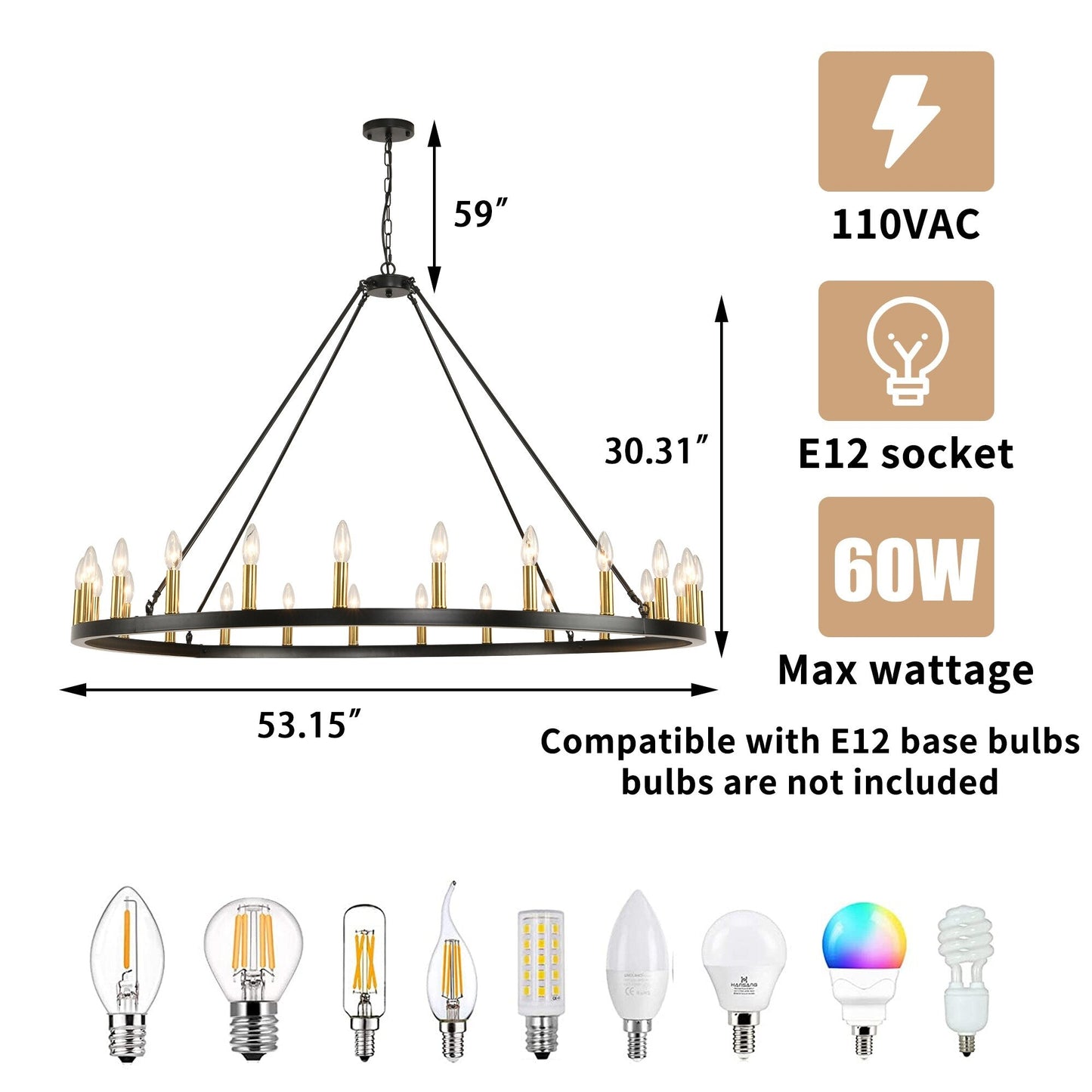 Lampadario a ruota di carro rotonda da 54 pollici con 24 luci