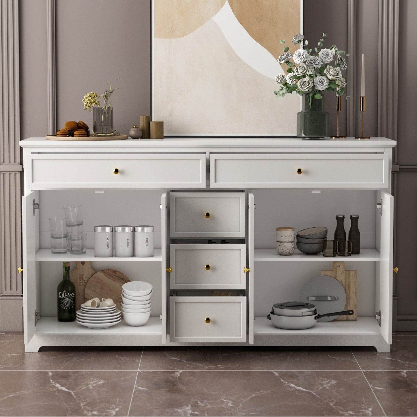 Buffet con ripiani 59.1'' bianco, stile Mid-Century Modern, contemporaneo, laccato