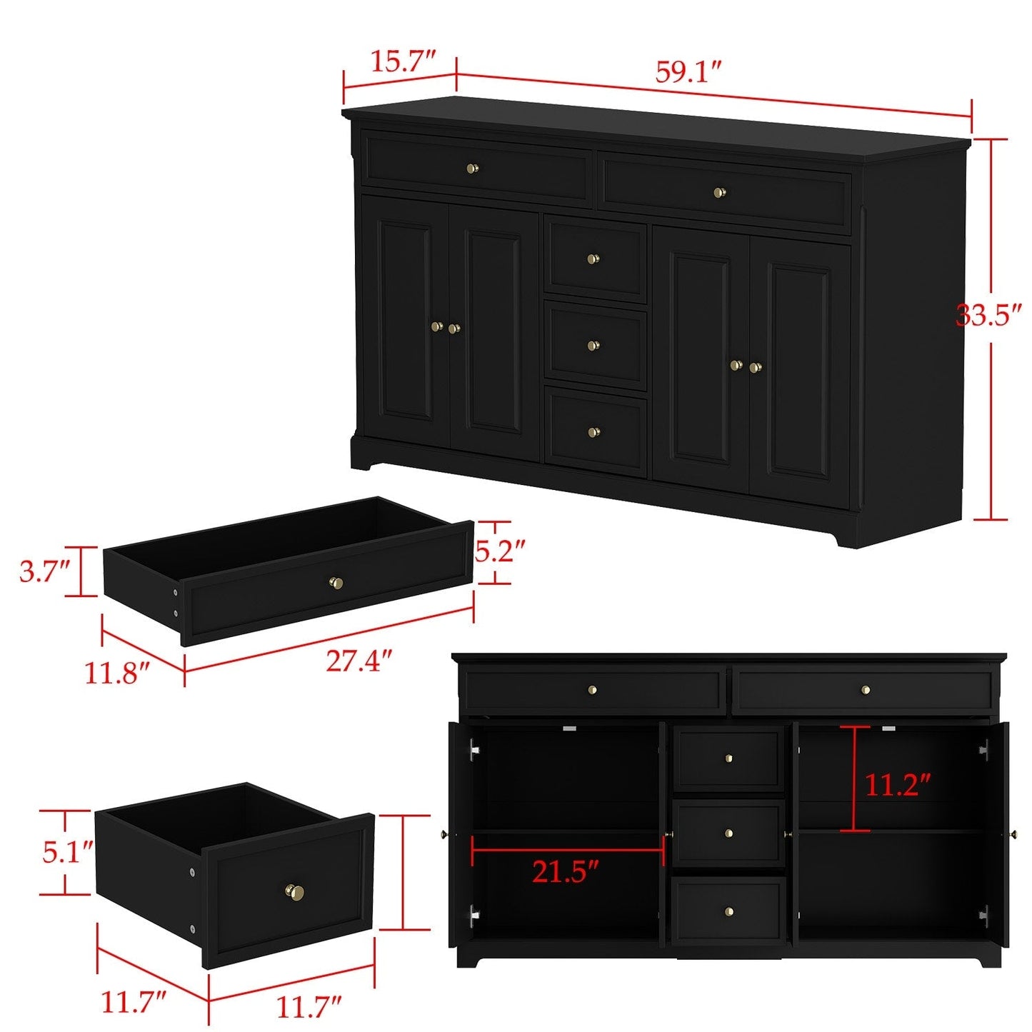 Buffet con ripiani 59.1'' bianco, stile Mid-Century Modern, contemporaneo, laccato