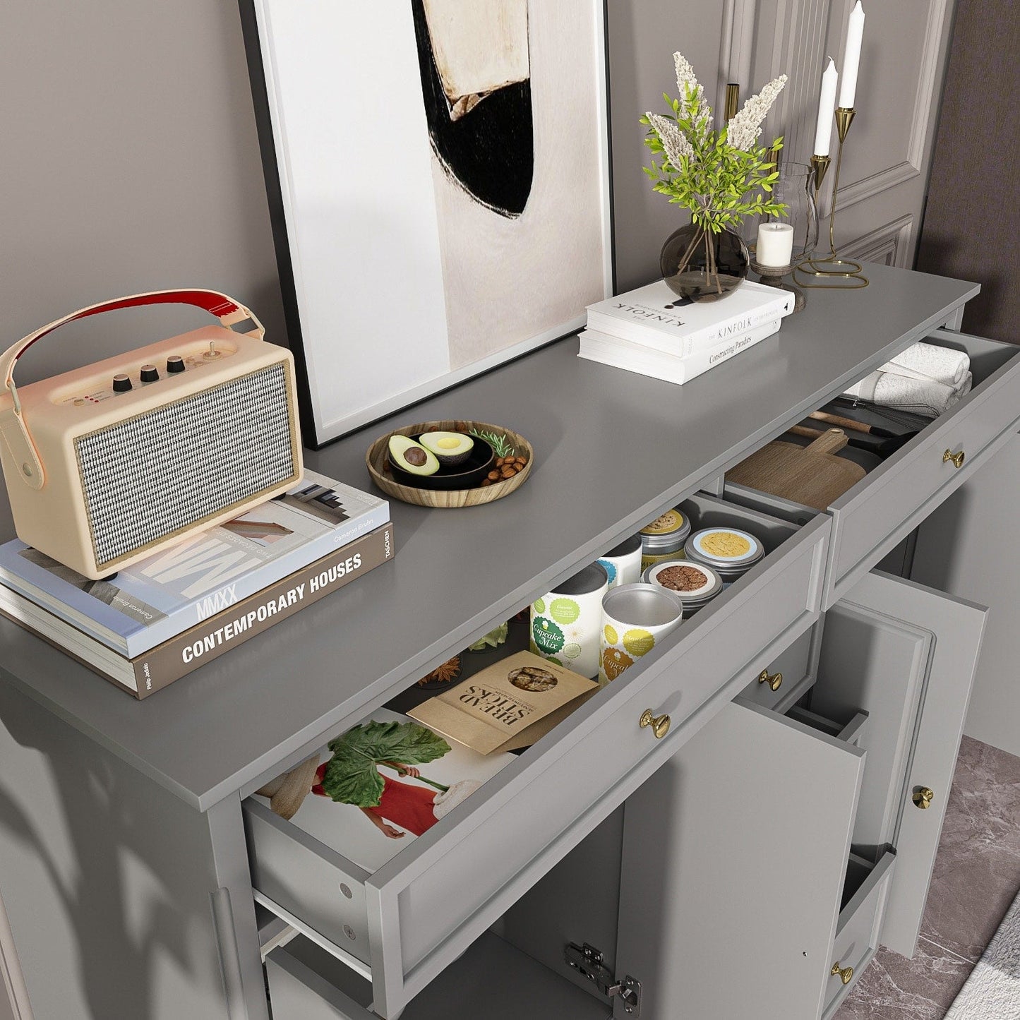 Buffet con ripiani 59.1'' bianco, stile Mid-Century Modern, contemporaneo, laccato