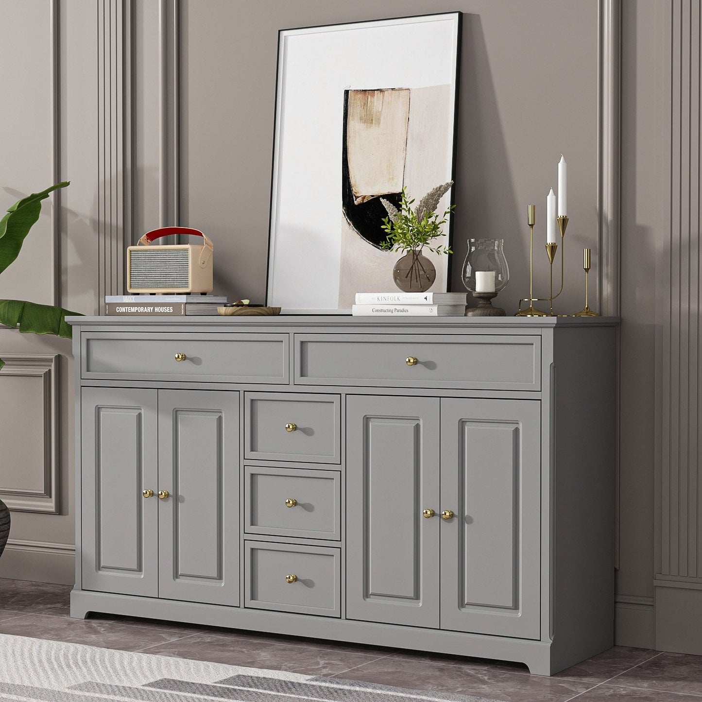 Buffet con ripiani 59.1'' bianco, stile Mid-Century Modern, contemporaneo, laccato