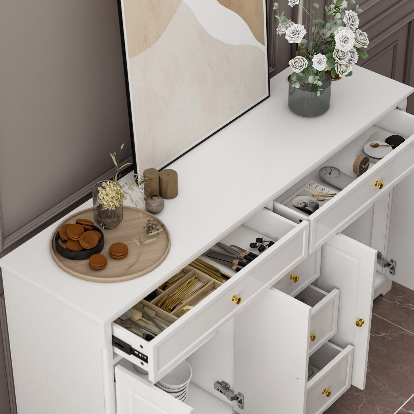 Buffet con ripiani 59.1'' bianco, stile Mid-Century Modern, contemporaneo, laccato