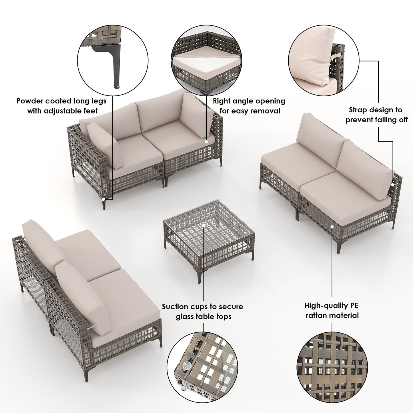 Gruppo di sedute componibili da esterno per 6 persone con cuscini