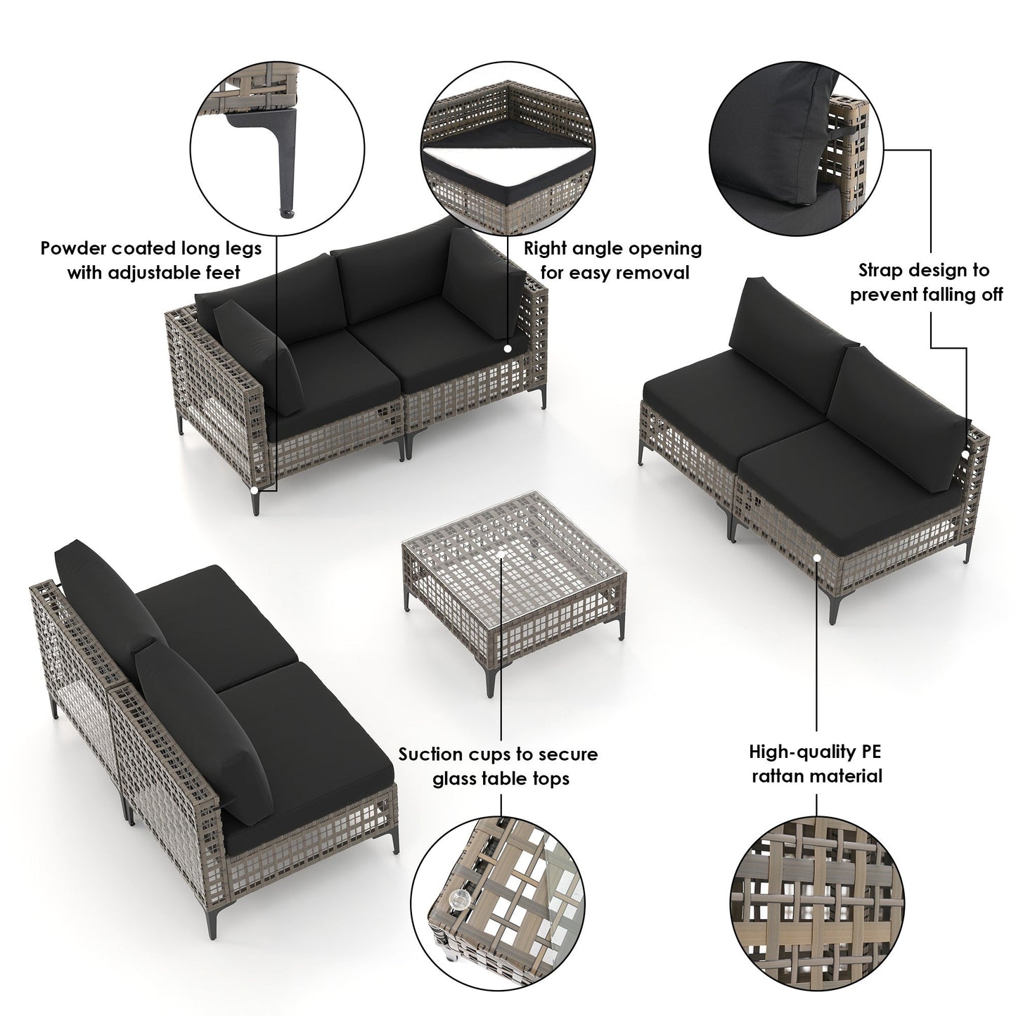 Gruppo di sedute componibili da esterno per 6 persone con cuscini