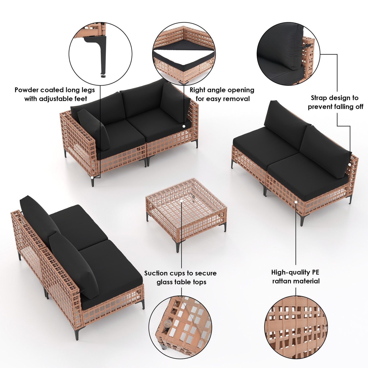Gruppo di sedute componibili da esterno per 6 persone con cuscini