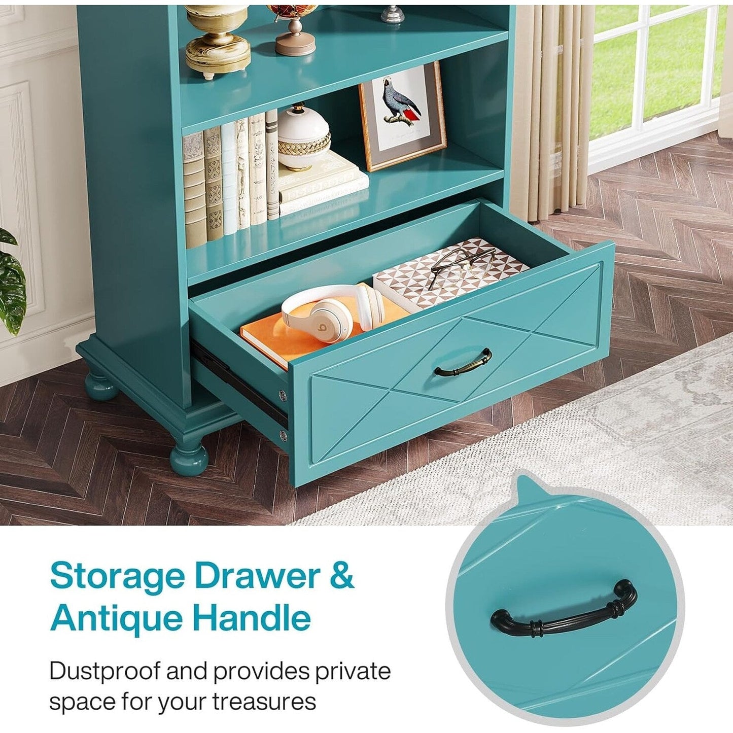 Scaffale portaoggetti con 6 ripiani e cassetto, 71 cm, per soggiorno.