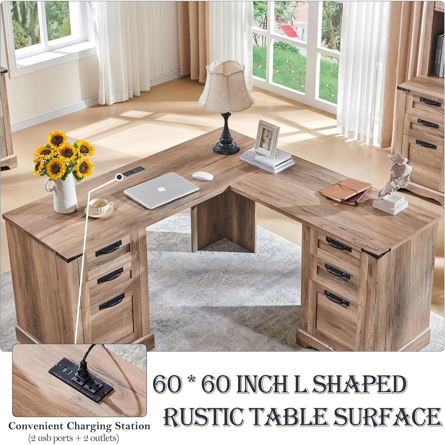Scrivania da ufficio a forma di L in stile farmhouse, scrivania d'angolo in legno, scrivania per computer