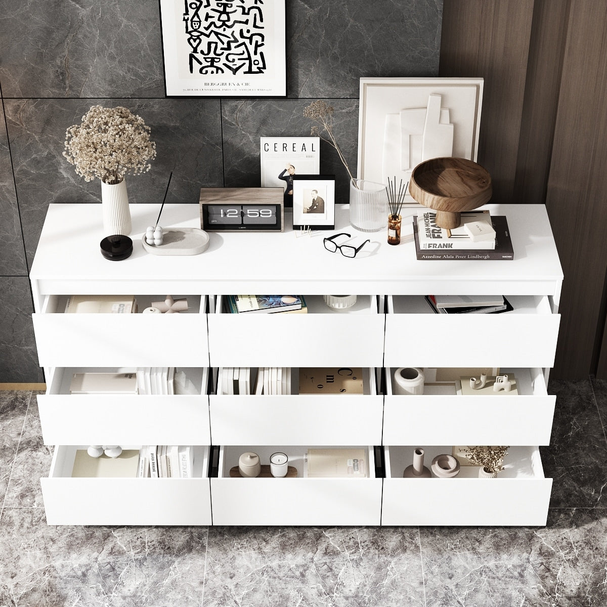 Comò con 9 cassetti da 63W, comò decorativo per soggiorno e camera da letto.