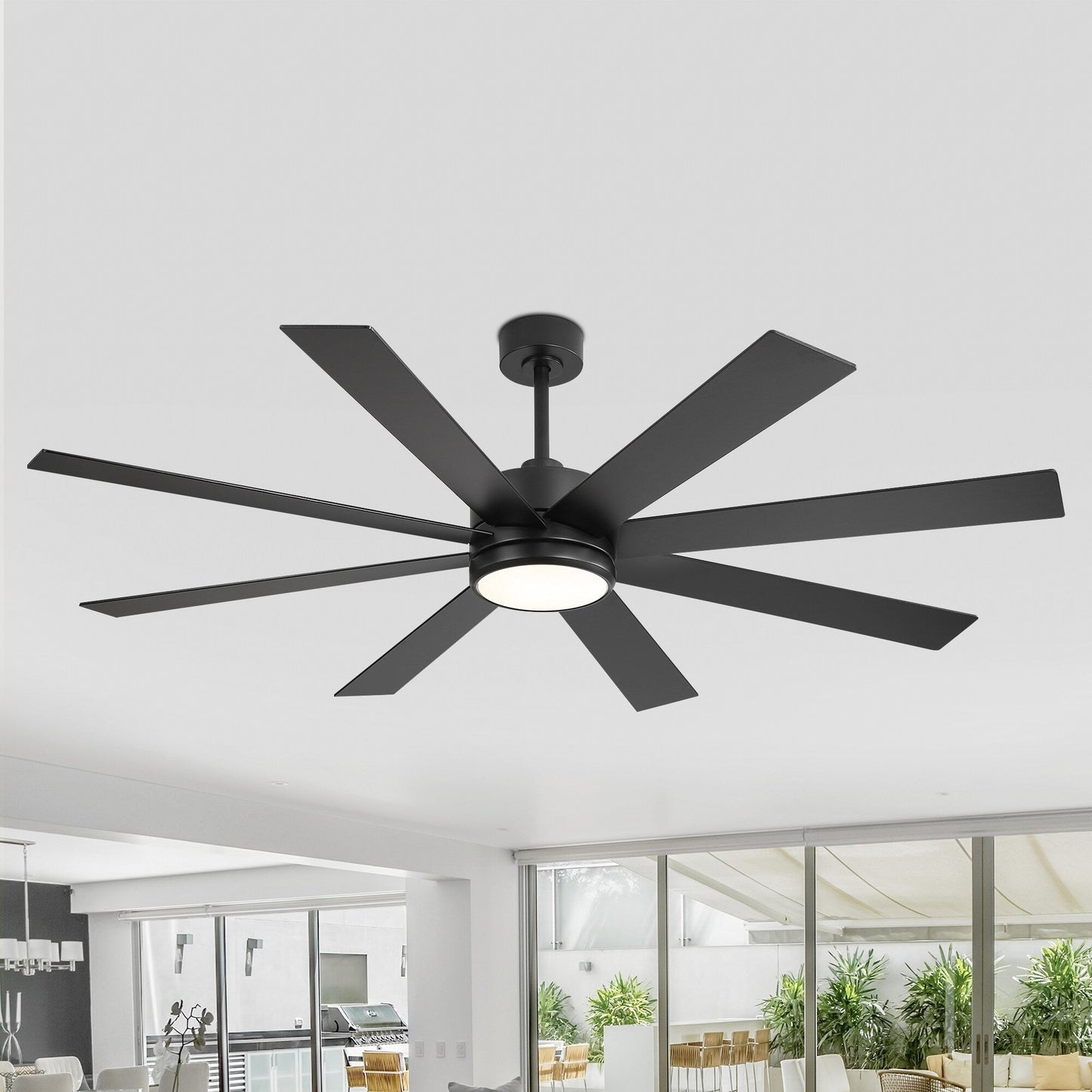 Ventilatore da soffitto a LED nero da 65 pollici con 8 pale, luce e telecomando.