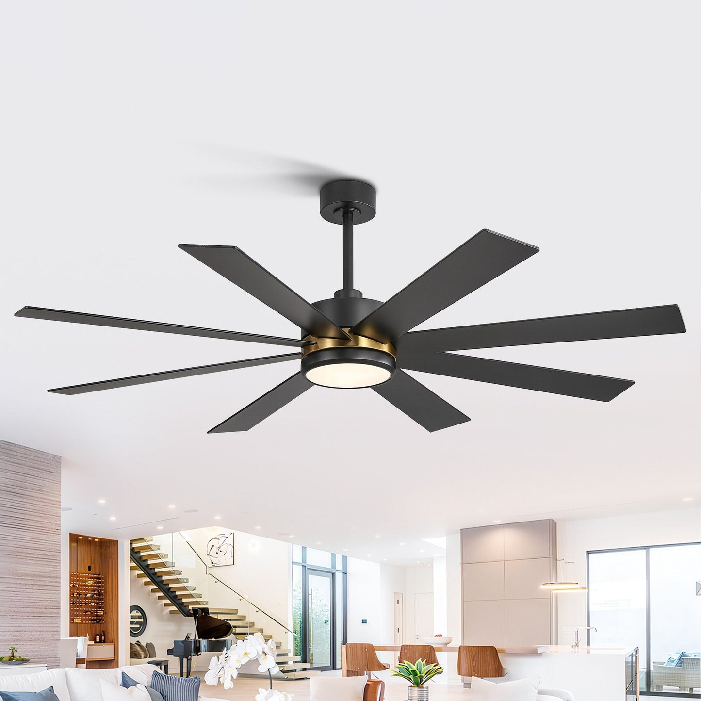 Ventilatore da soffitto a LED nero da 65 pollici con 8 pale, luce e telecomando.