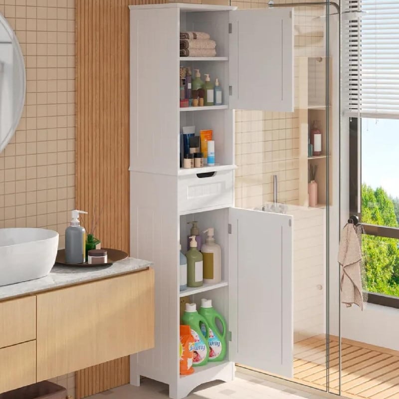 Armadio a muro per bagno, modello Linen, alto 67 pollici, stretto, con 5 ripiani, in legno massello, a posizionamento libero.