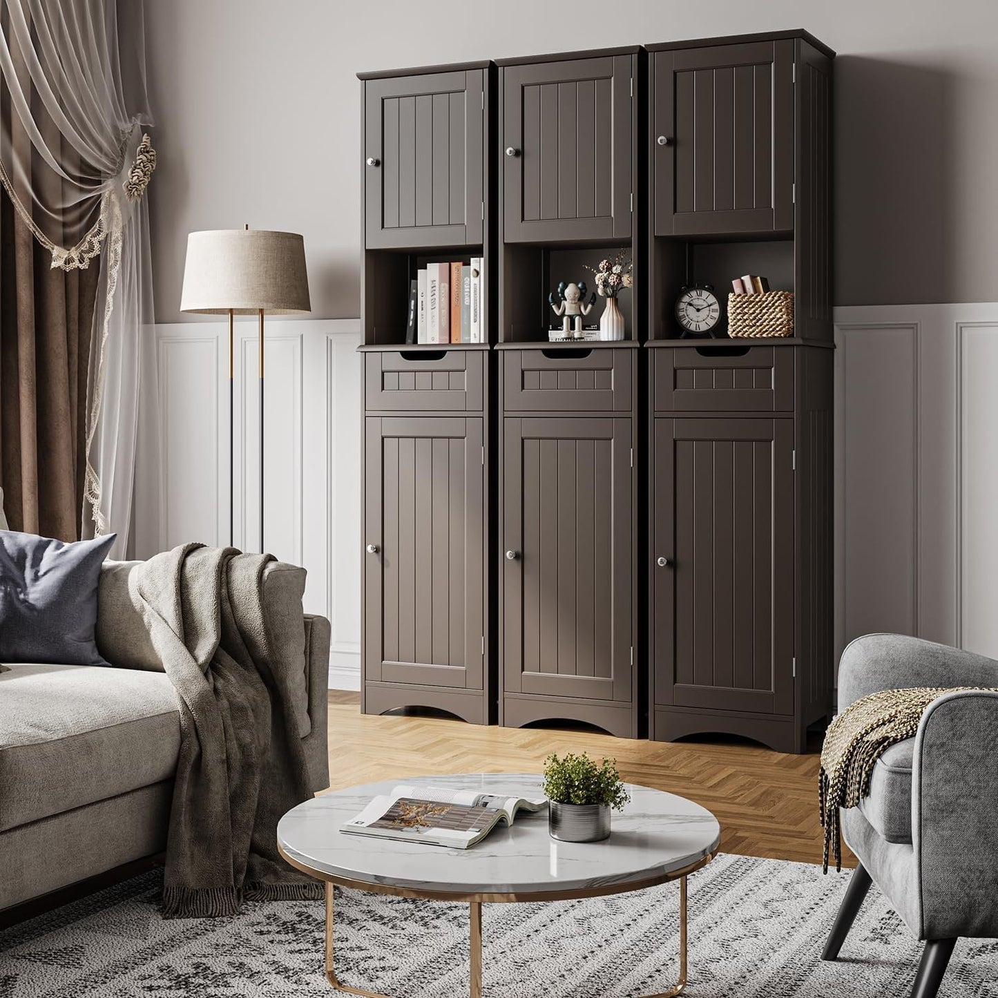 Armadio a muro per bagno, modello Linen, alto 67 pollici, stretto, con 5 ripiani, in legno massello, a posizionamento libero.