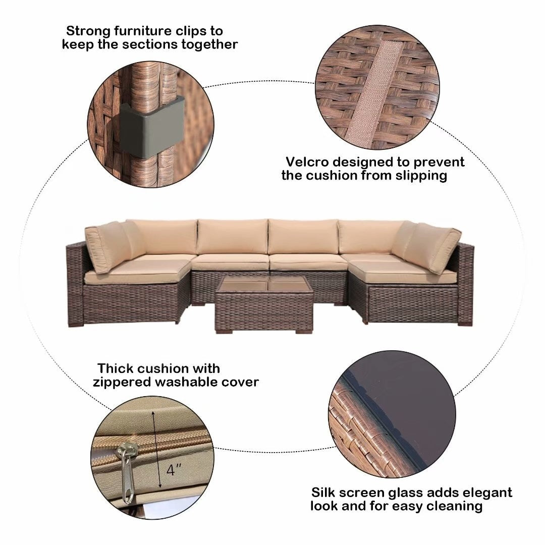 Set di divani componibili da esterno in vimini/acciaio con cuscini, 7 pezzi