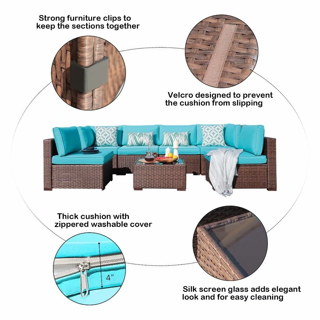 Set di divani componibili da esterno in vimini/acciaio con cuscini, 7 pezzi