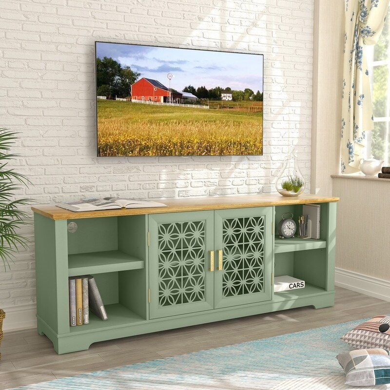 Supporto TV decorativo a forma di porta con motivo floreale rustico da 70 pollici, adatto a TV fino a 80 pollici.